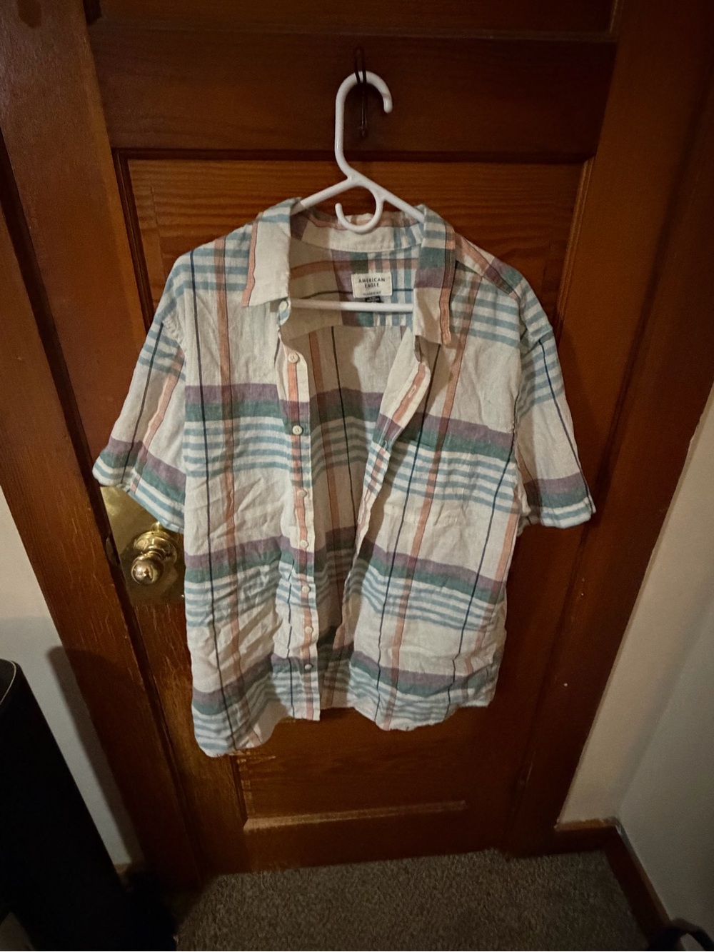 American Eagle Outfitters Short-Sleeve Plaid Button-Up - Cream, Blue, Green